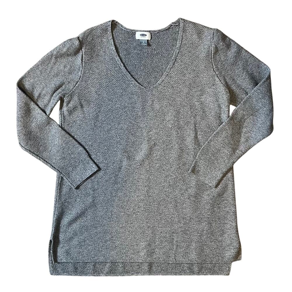 Old Navy Gray Textured V-Neck Tunic Sweater High Low Hem L